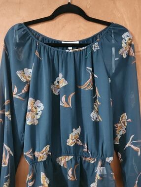 DR2 Teal Green Floral Peasant Blouse Semi Sheer Size Small